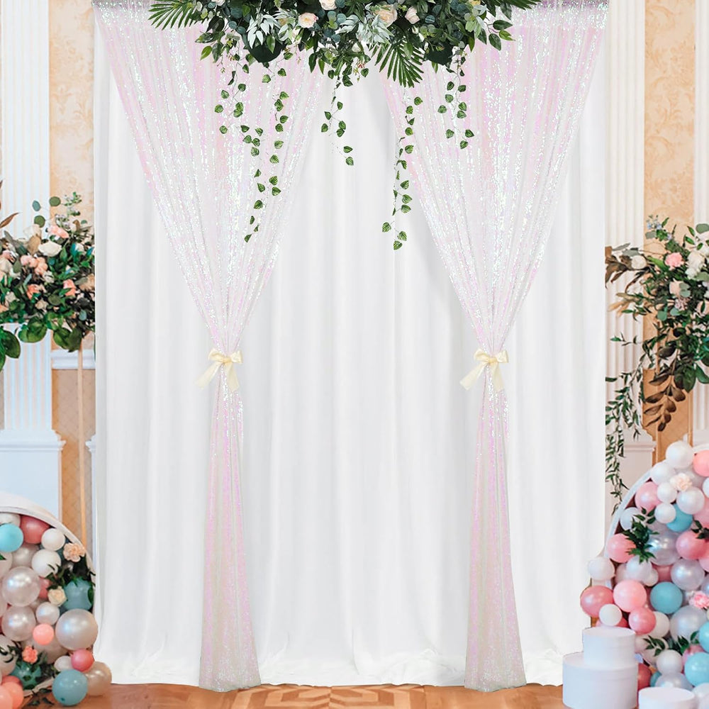 ShinyBeauty 4PCS Iridescent White Sequin Backdrop Curtain 4x10ft