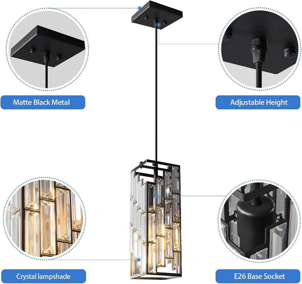 Black Crystal Pendant Lights Kitchen Island, 3 Pack Adjustable Light