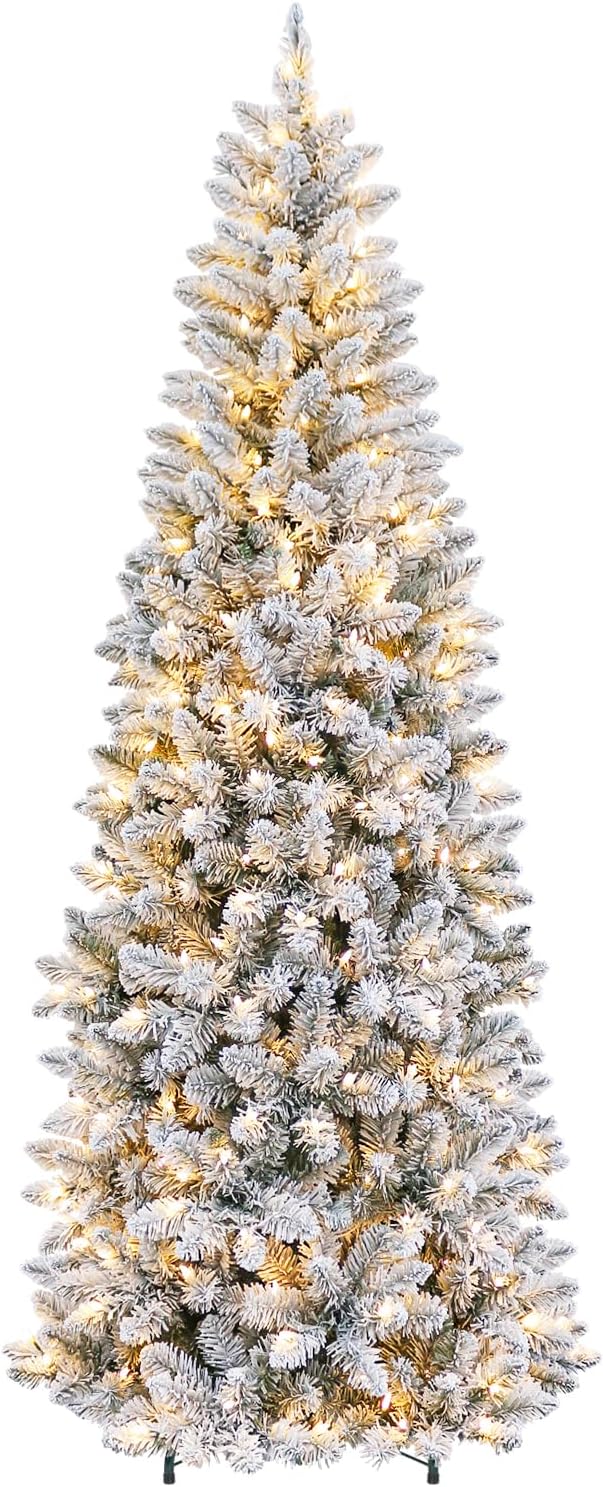 Hykolity 6 ft Pencil Prelit Christmas Tree with Snow Flocked Branches, 200 Wa...