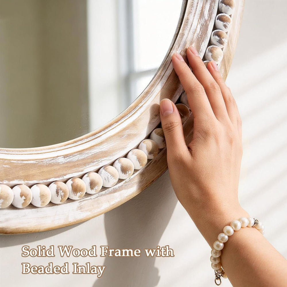 27 Inch Wooden Round Beaded Wall Mirror,Farmhouse Wood Round Mirror