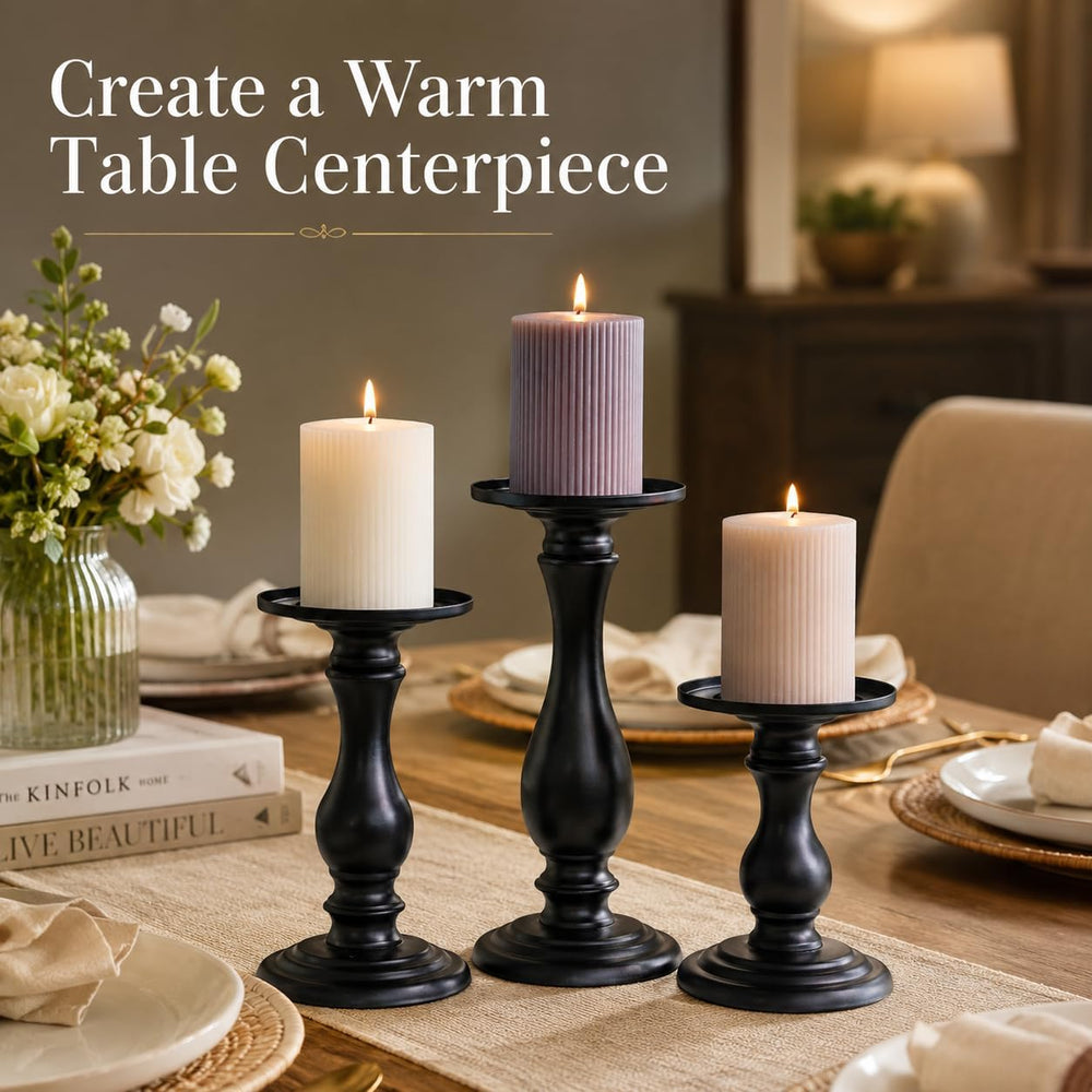 Matte Black Pillar Candle Holders Set of 3-10", 8", 6”H Candlestick...
