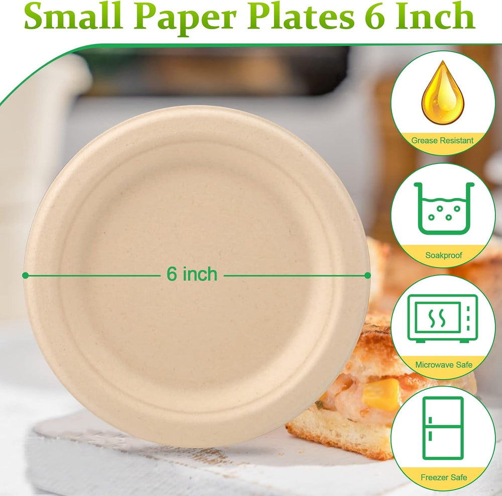 300 Pack 6 inch Paper Plates, Small Paper Plates Bulk, Brown