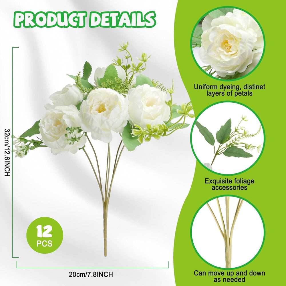 12 Bundles White Peonies Artificial Flowers Bulk for Centerpiece