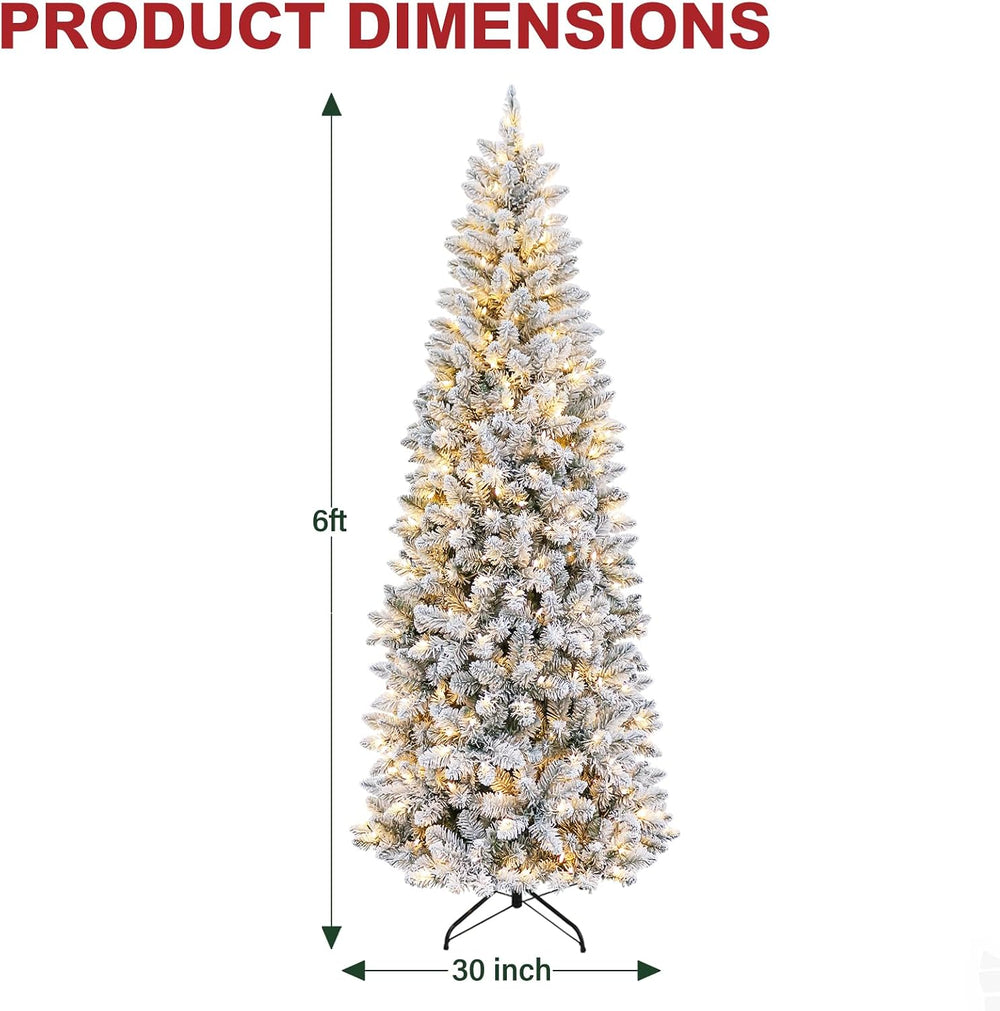Hykolity 6 ft Pencil Prelit Christmas Tree with Snow Flocked Branches, 200 Wa...