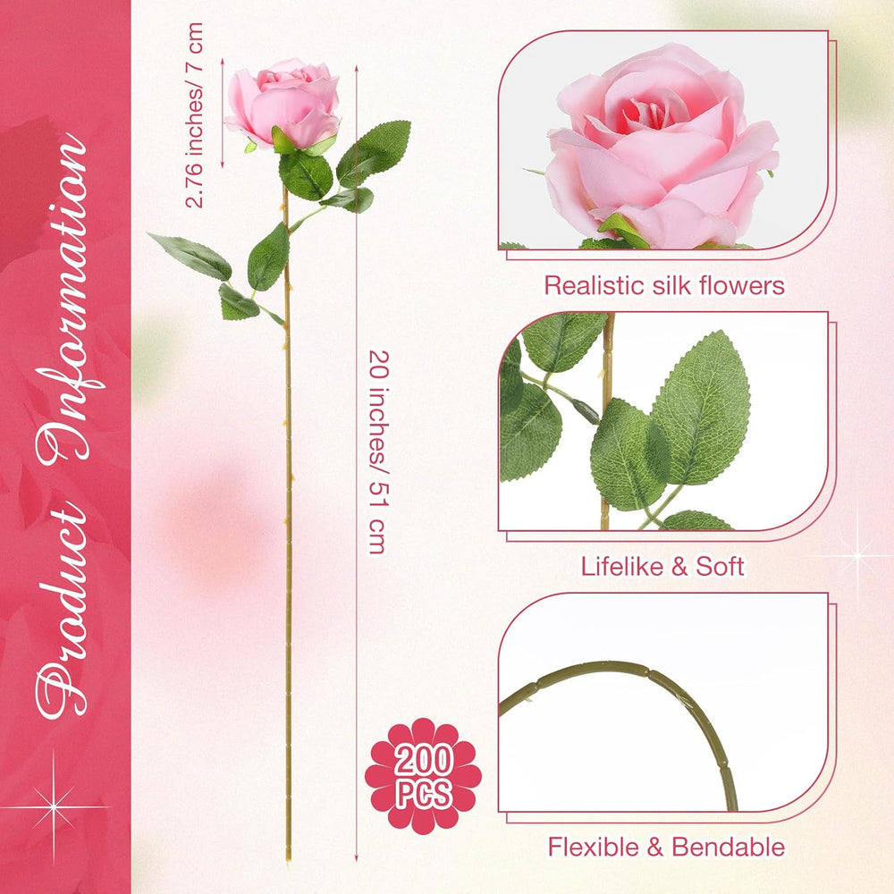 Lyrow 200 Pcs Artificial Roses Flowers Bulk, Fake Realistic Rose,Pink