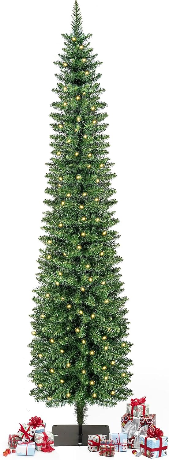 Green Pencil Artificial Christmas Tree Pre-Lit with Warm Lights, Slim Xmas Tr...