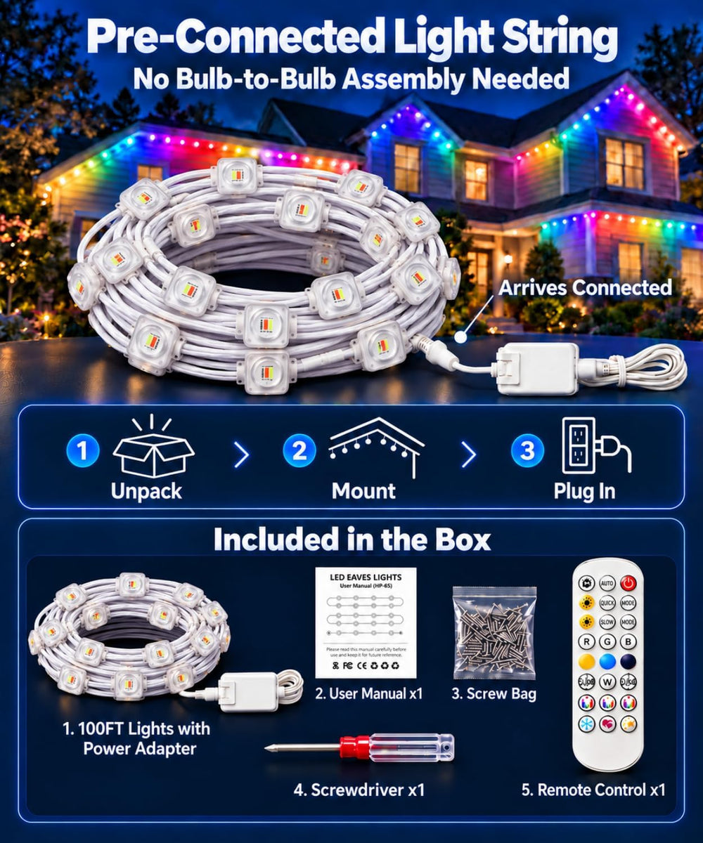Permanent Outdoor Lights for House, 100FT RGBIC Christmas Lights