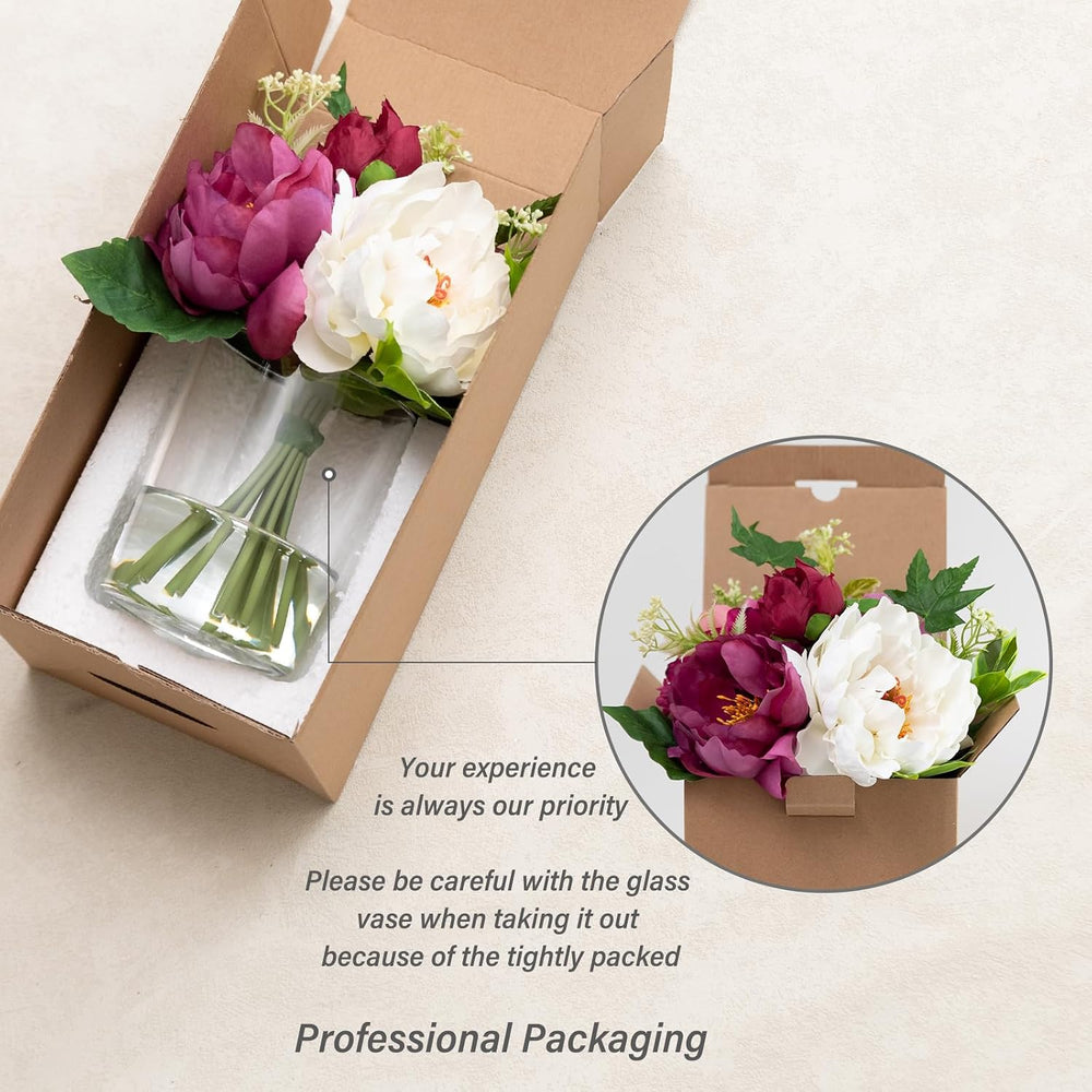 WELL KNOWN Artificial Flowers in Glass Vase with Fake Water, Silk Peony Flowe...