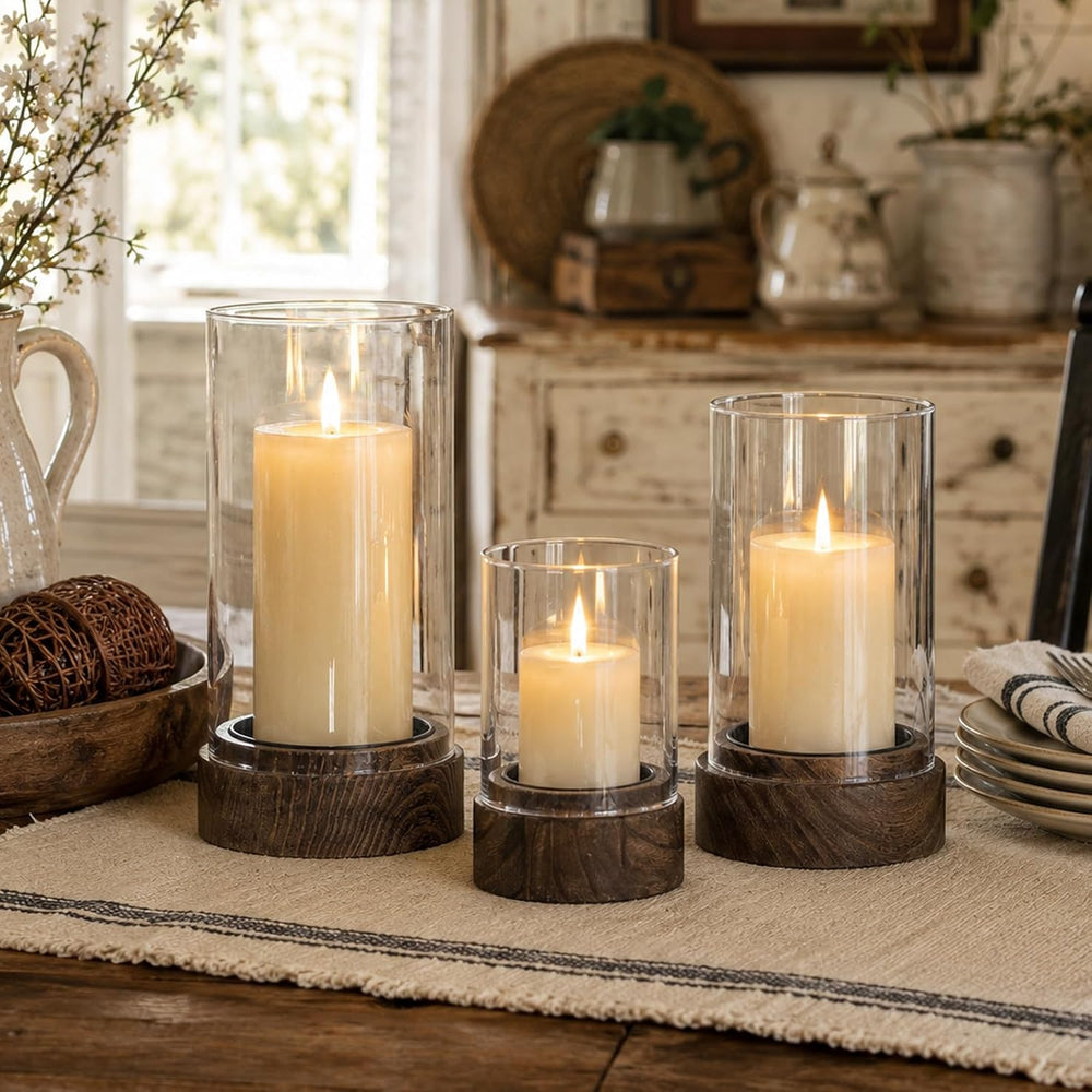 Hewory Hurricane Glass Candle Holders: 3PCS Wooden Brown Candle Holders