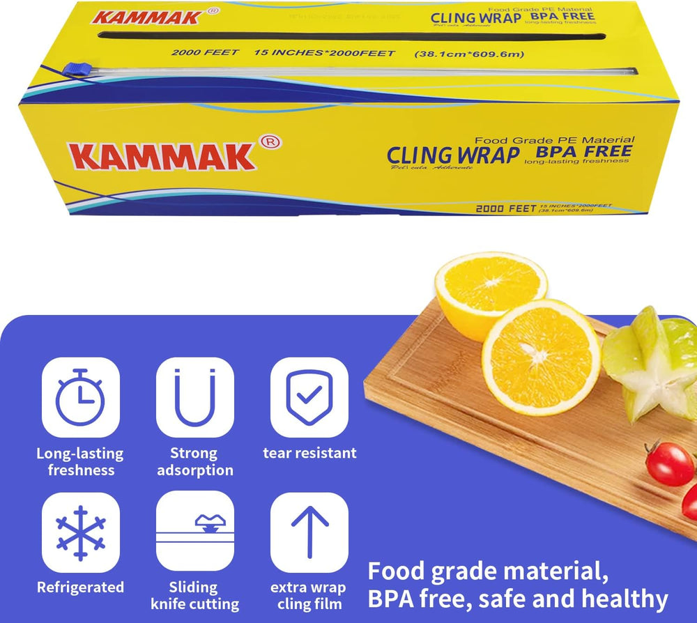 KAMMAK Plastic Wrap Food Cling Wrap with Slide Cutter 15 inch Restaurant Clin...