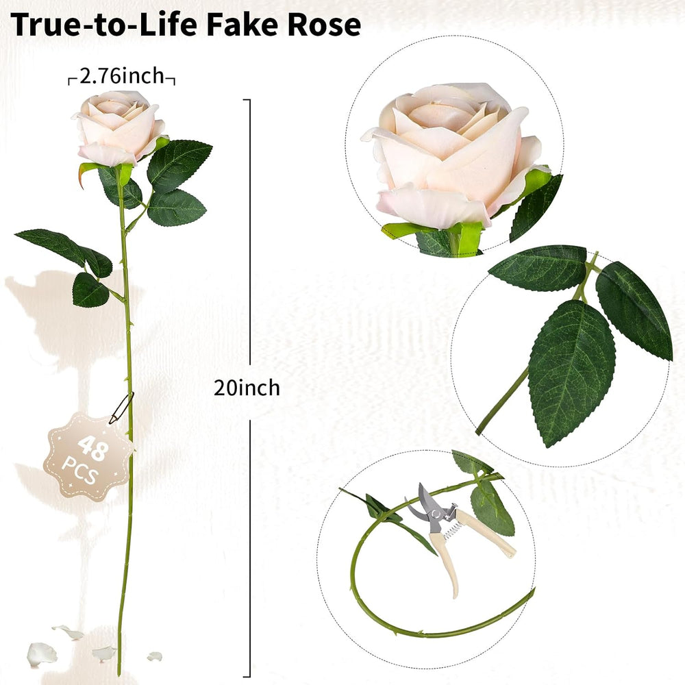AmyHomie 48 PCS Champagne Roses, Velvet Realistic Fake Flowers w/Stems