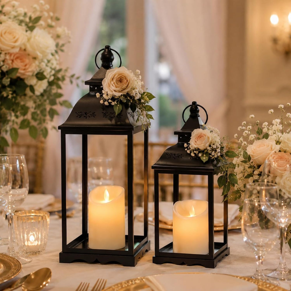 Decorative Metal Lanterns Outdoor Indoor, Set of 2 Black Candle Lanterns