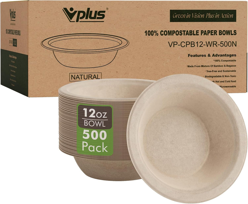 Vplus 500 Pack 12 OZ Compostable Paper Bowls, Bagasse Bowls Bulk,Nature