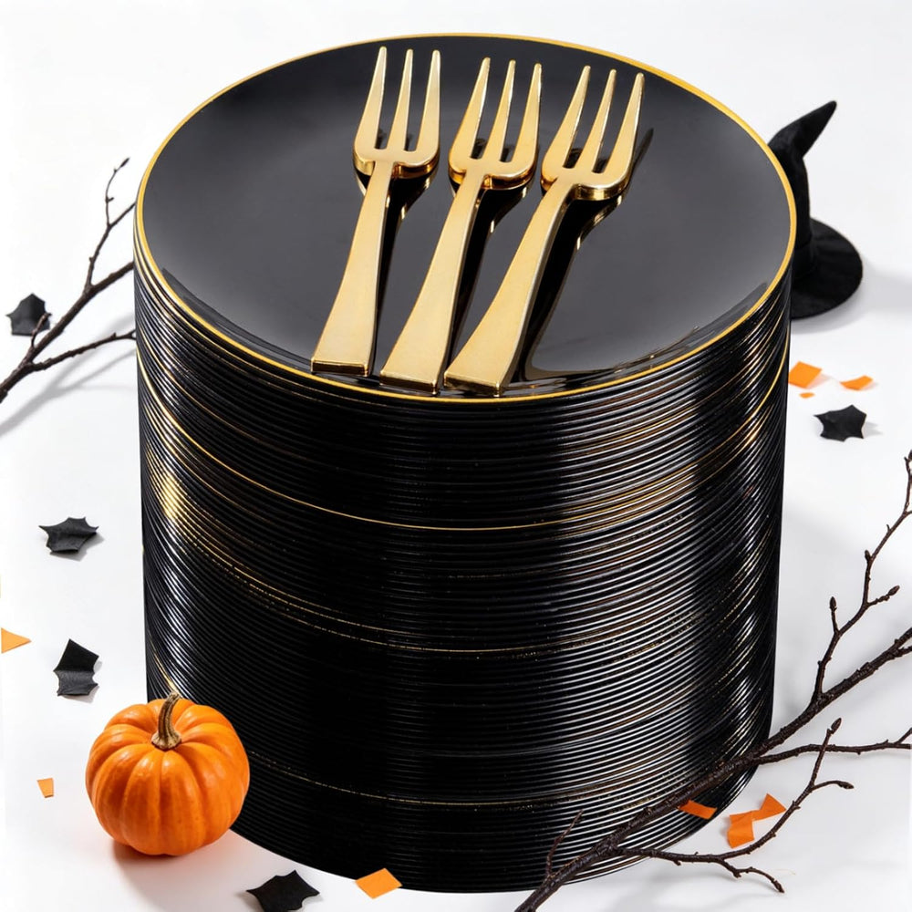 200Pcs Black Gold Dessert Plates 6.3" with Plastic Forks 5"- Small ...