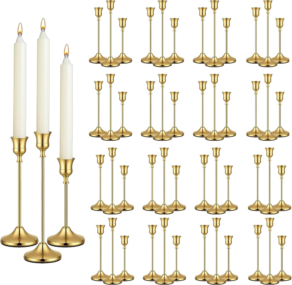 48 Pack Gold Taper Candle Holders, Bulk Metal Candlestick Holders in 3 Height...