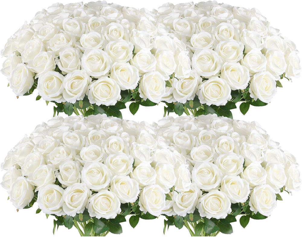 Hananona 100 Pcs Artificial Roses, Realistic Silk Flowers Bulk, White