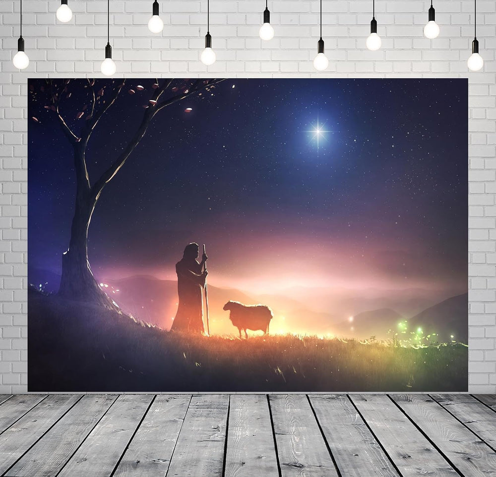 BELECO 12x10ft Fabric Bible Scene Shepherd and Sheep Backdrop Star of Bethleh...
