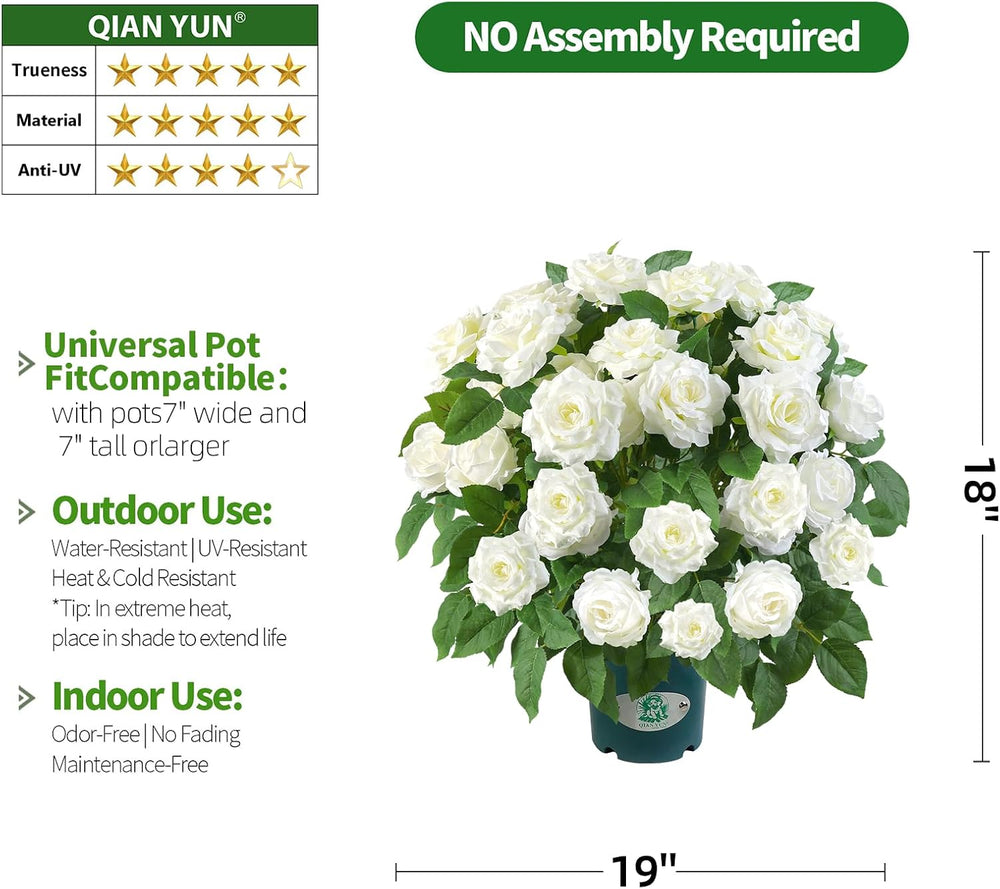Artificial White Rose Plant, 18" UV Resistant Faux Flowers in Pot for Ou...