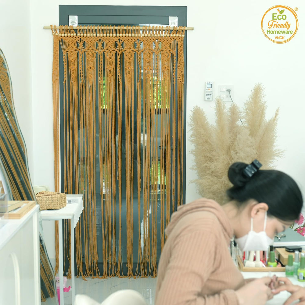 Golden Beaded Door Curtain, Handmade Wood Bead Doorway Curtain for Room Divid...