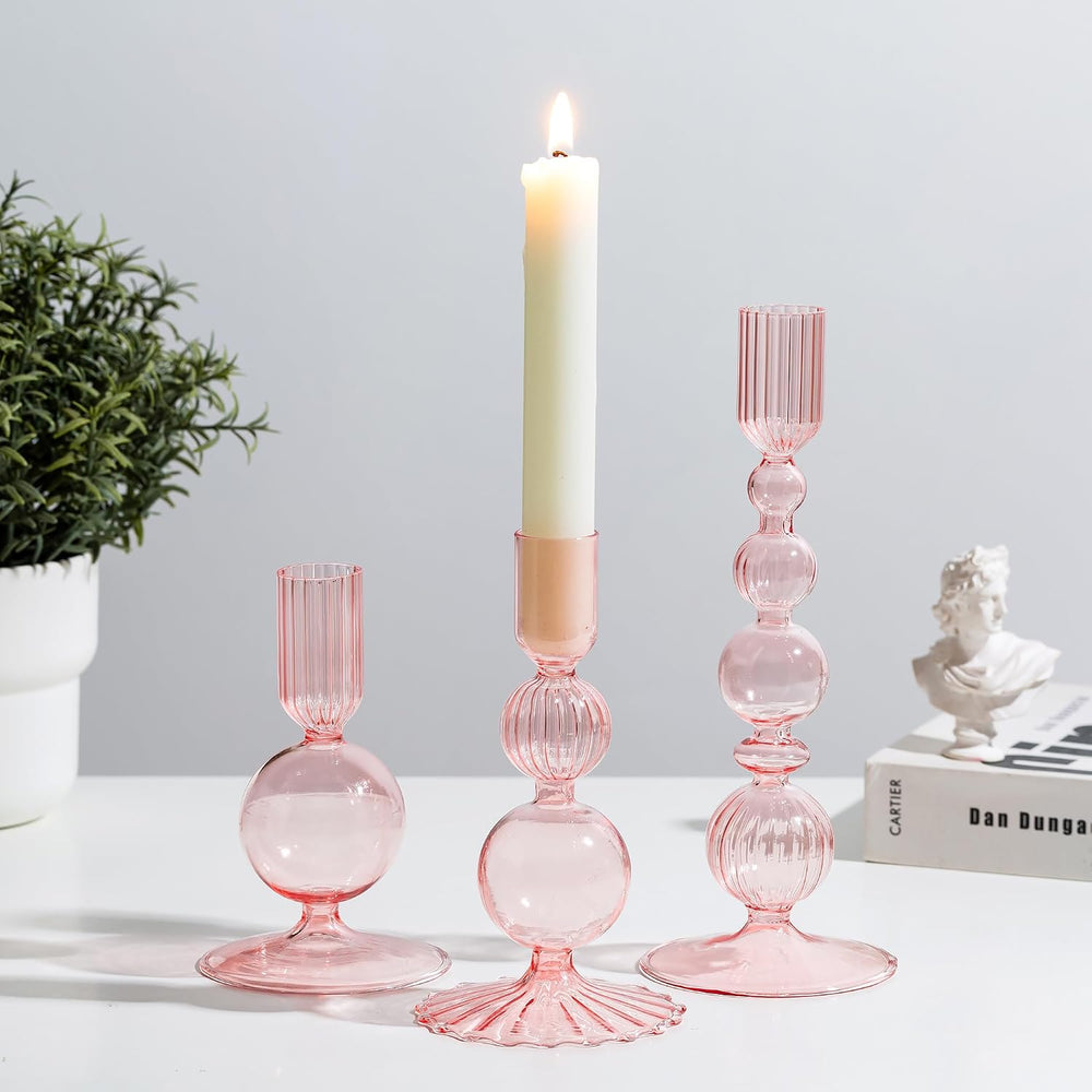 Glasseam Pink Glass Candlestick Holder: Unique Taper for Table Centerpiece