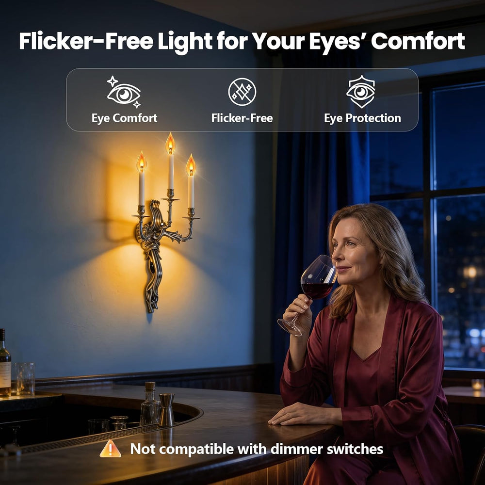 E12 Flickering Flame Light Bulbs, Realistic Candle Effect, 2 Modes