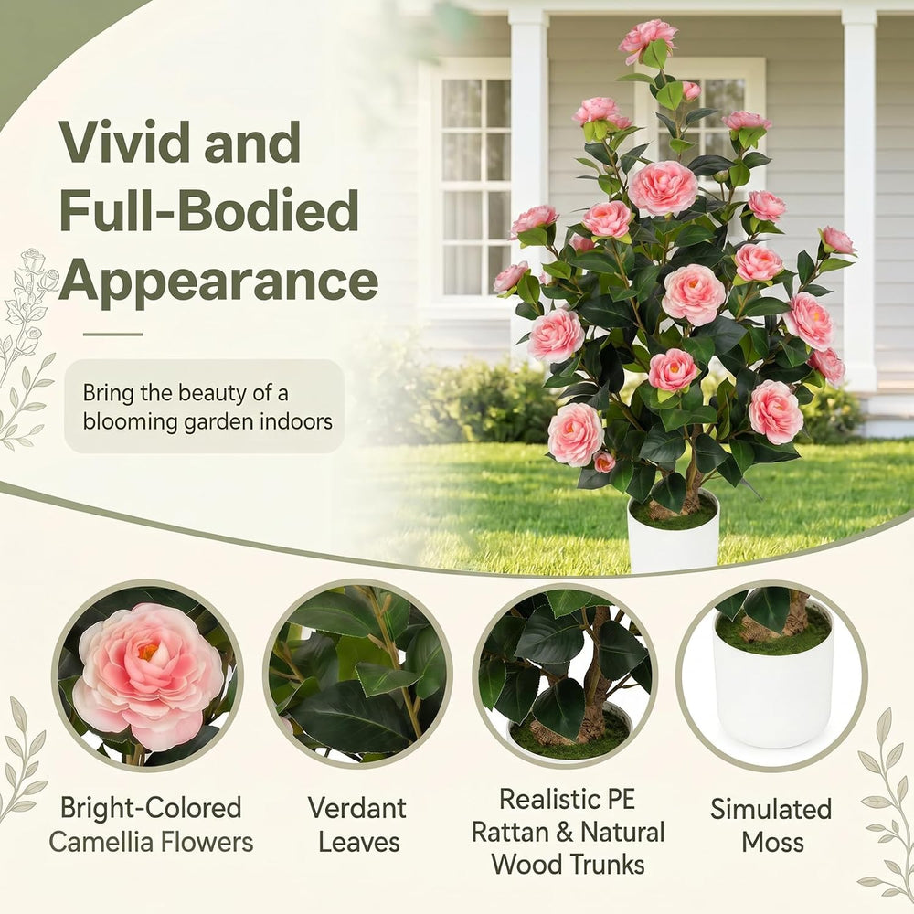 2 Pack 3FT Artificial Camellia Trees with Pink Flowers