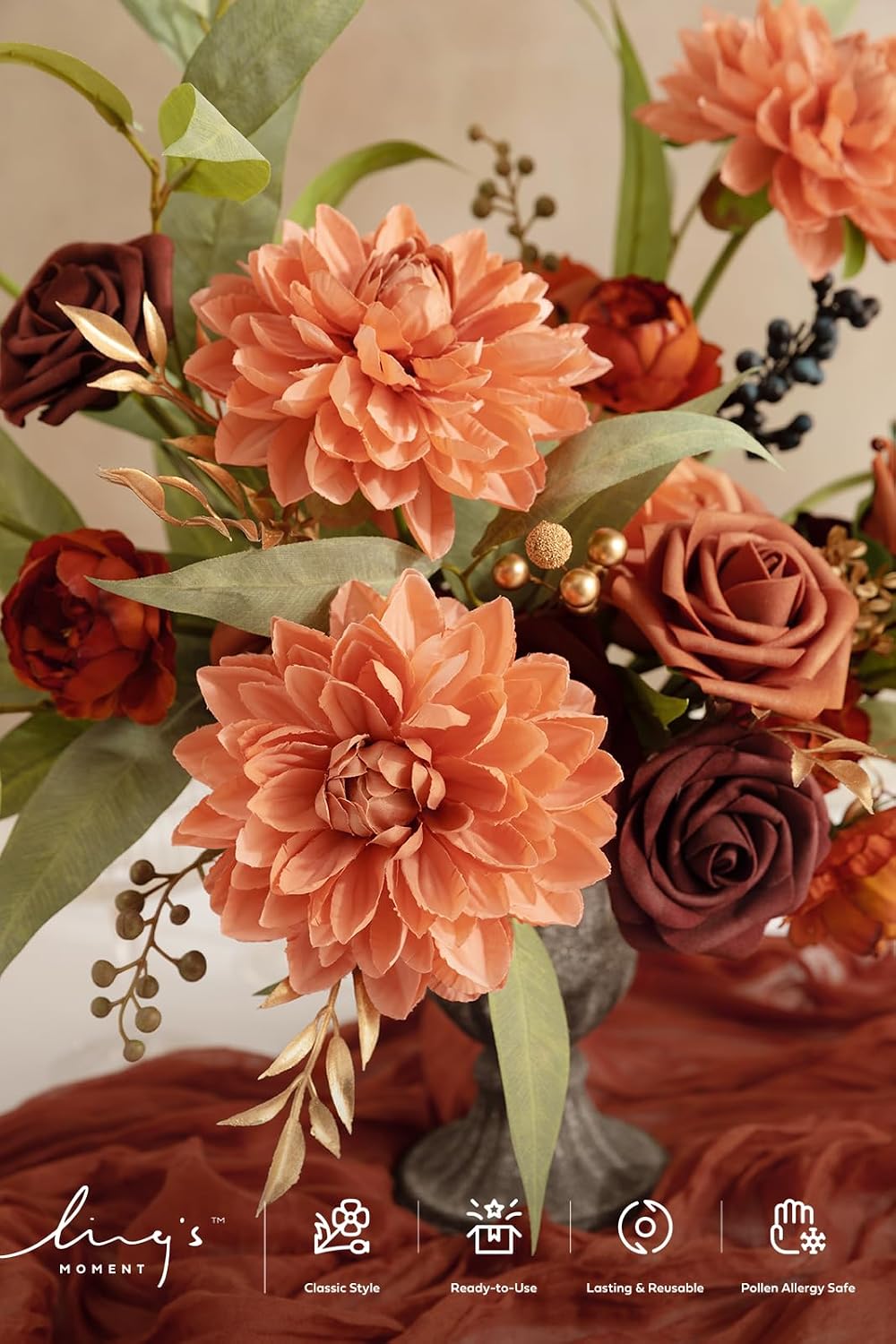 Ling's moment Artificial Flowers Fake Silk Dahlia Faux Foam Rose Terracotta