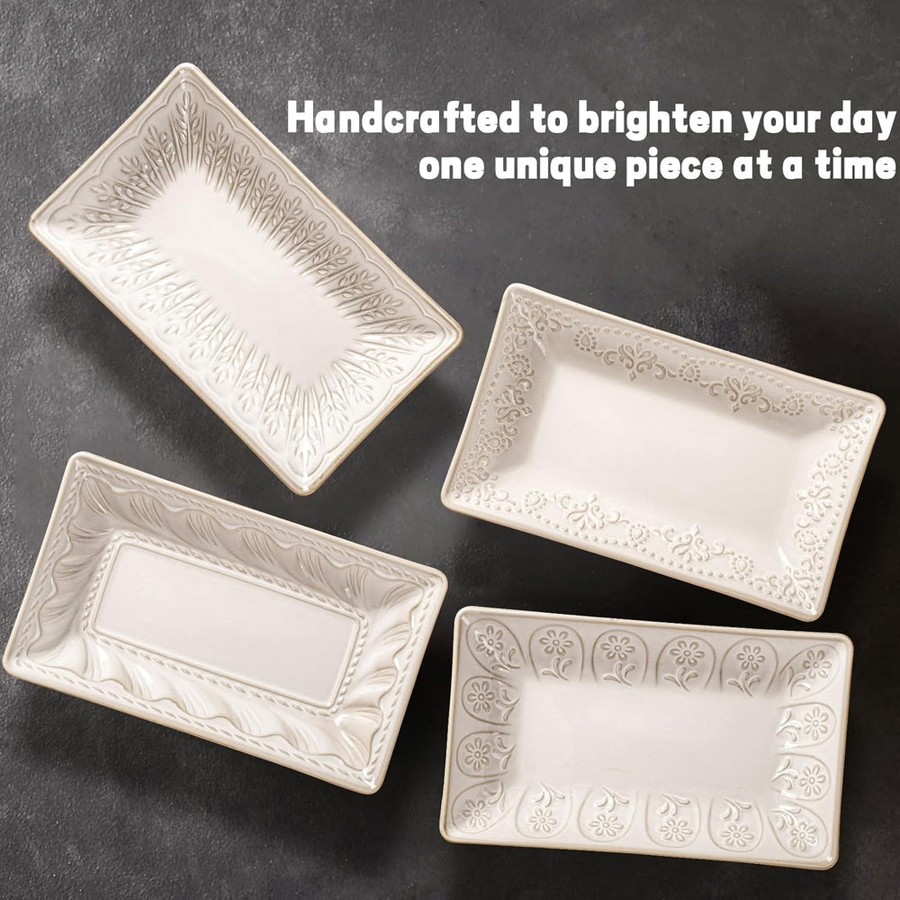 Artena Appetizer Plates Set of 4, 8.25" Embossed Ceramic Rectangular Des...