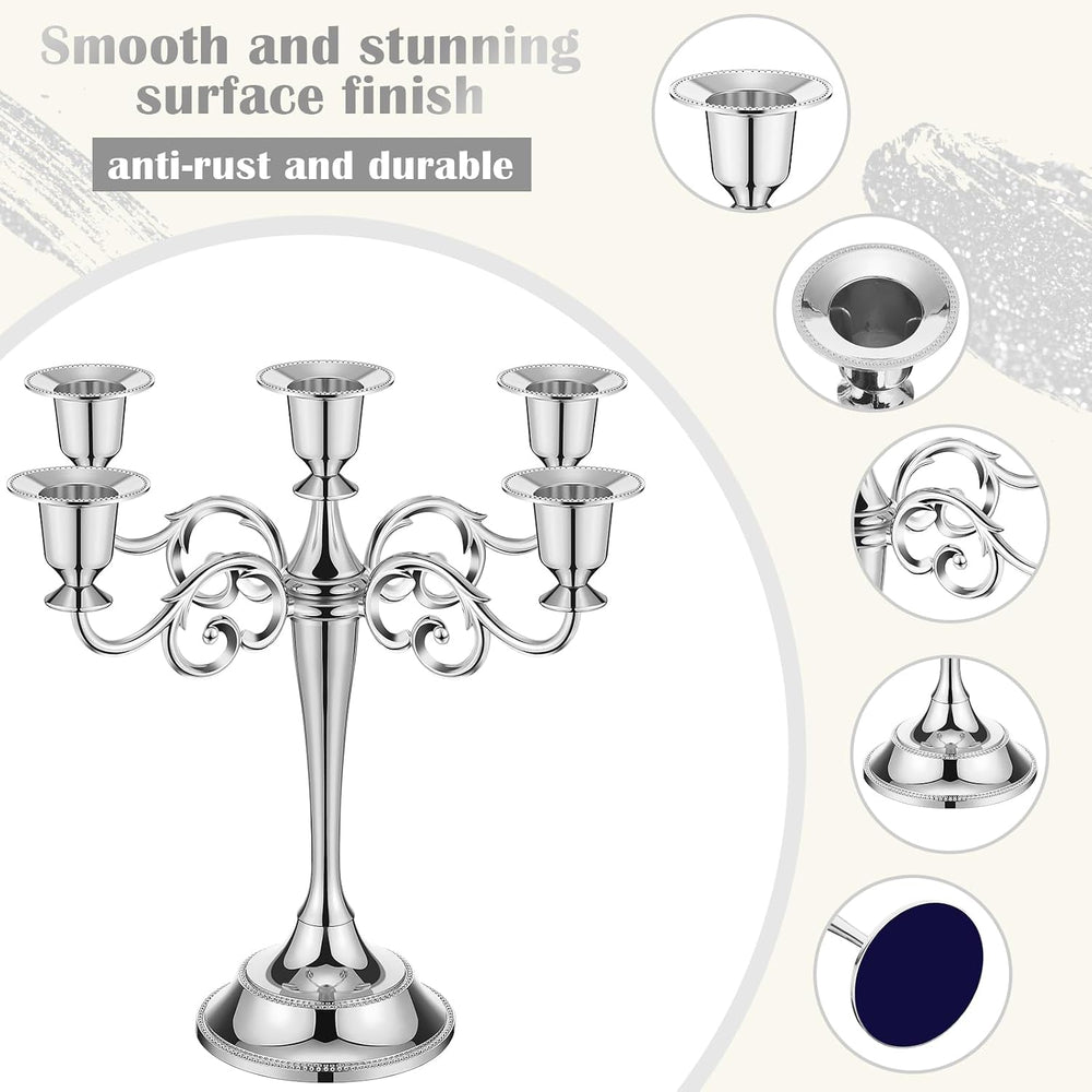 Dandat 3 Pcs 5 Arm Metal Candelabra Tall Holders, Silver, Classic