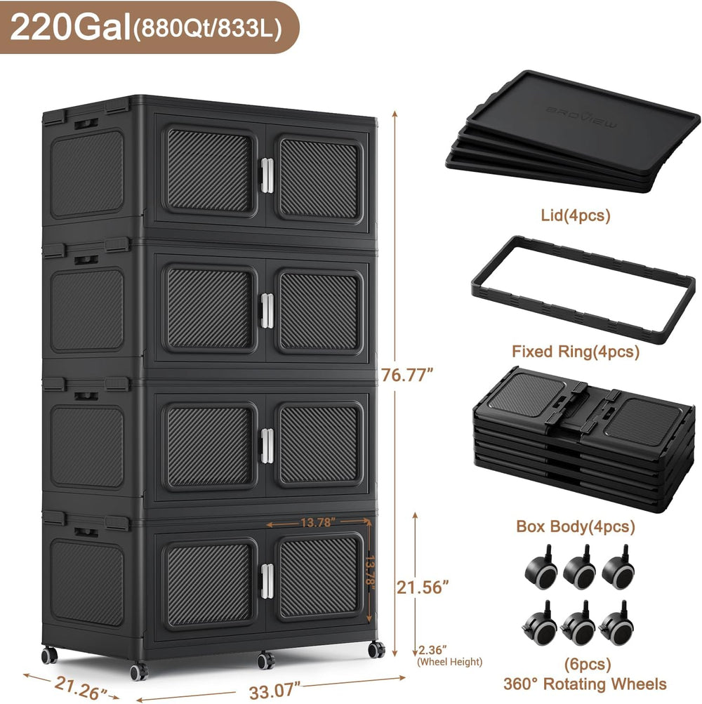 BROVIEW 880qt Extra Large Stackable Storage Bins with Lids Black 4 Pack