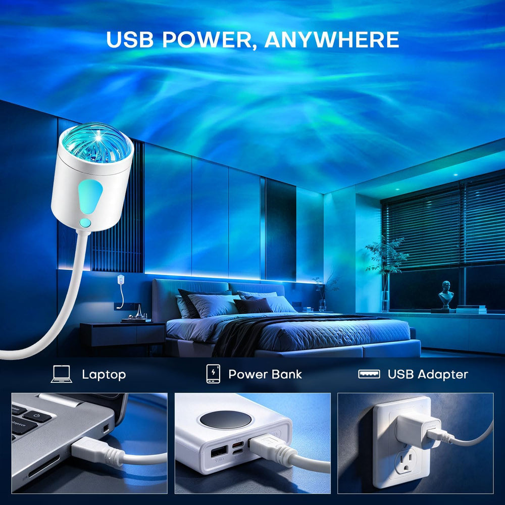 One Fire 2-in-1 USB Aurora Projector with Remote and Night Light, White