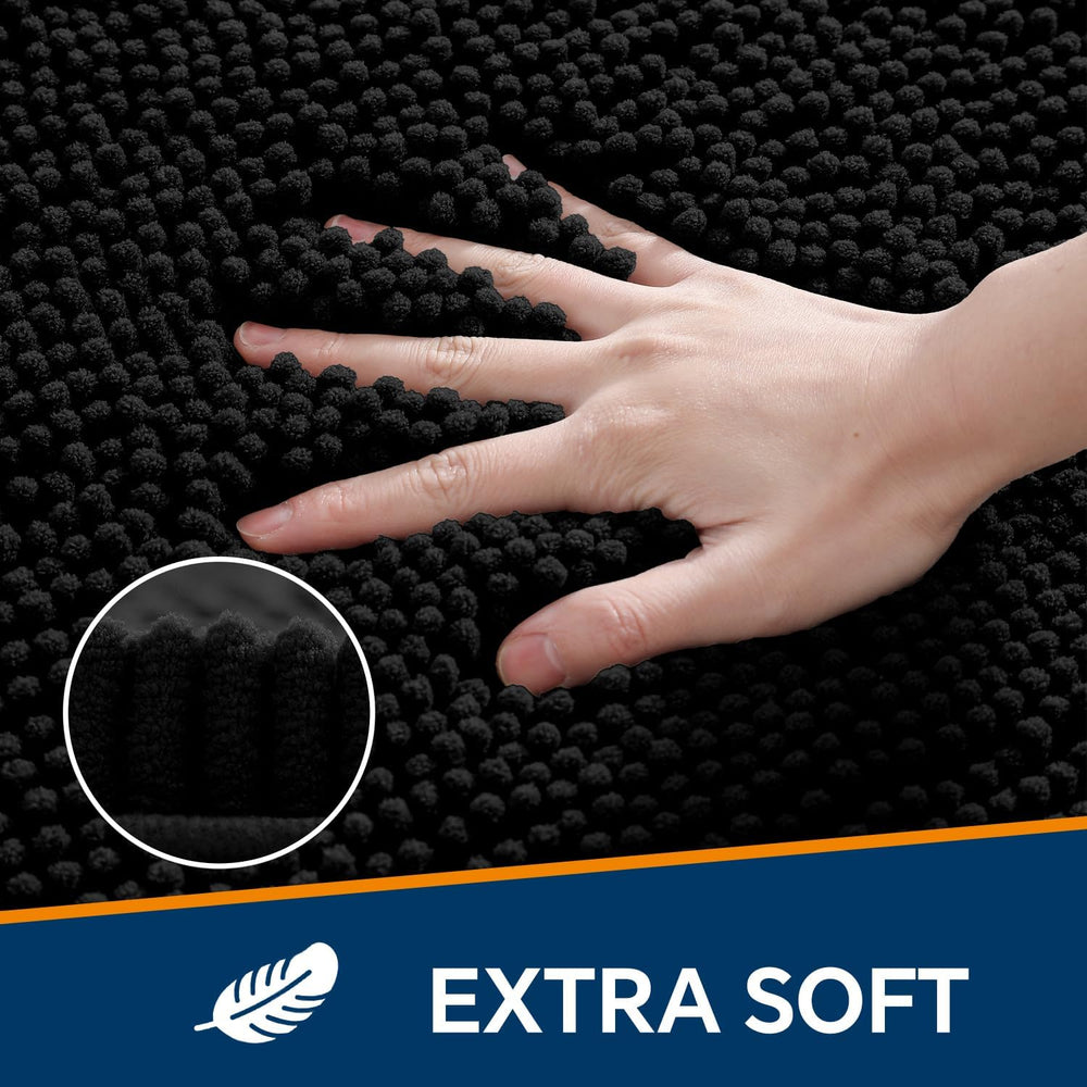 Chenille Bathroom Runner Rug 17"x47" Black, Long Bath Mat