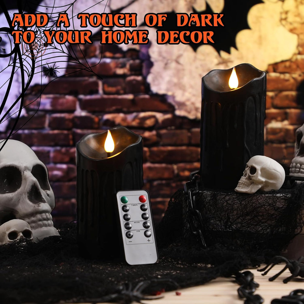 4 Pack Halloween Black Flameless Pillar Candles with Remote, 3 x 6 Inch