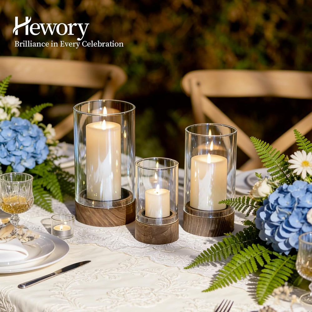 Hewory Hurricane Glass Candle Holders: 3PCS Wooden Brown Candle Holders