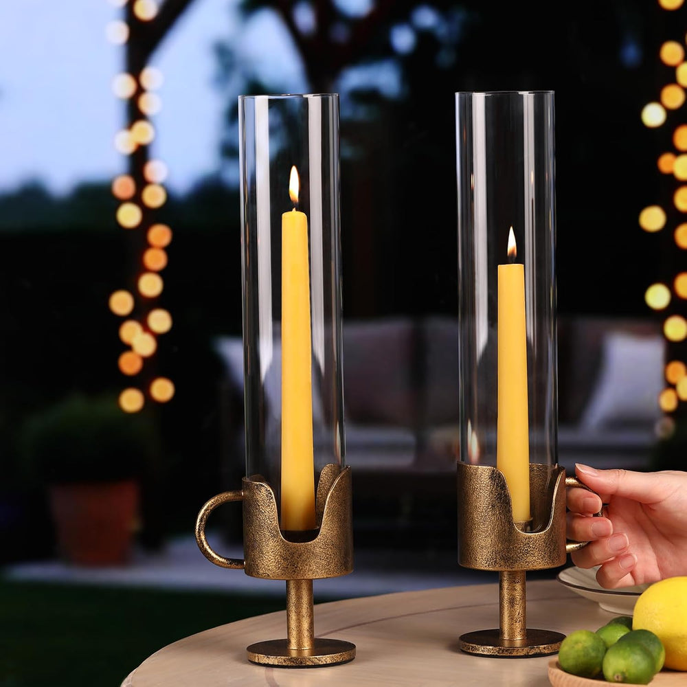 Vintage Cast Iron Hurricane Glass Candle Holder for Taper Candles Set of 2