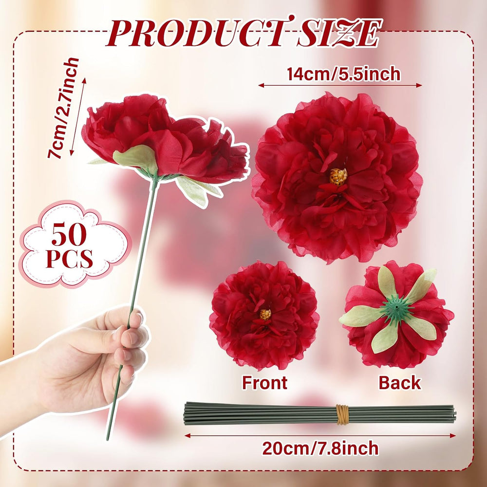 50 Pcs Artificial Peony Flowers with Wire Stems, Red