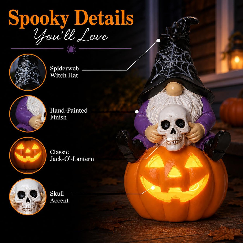 Solar Halloween Gnome Statue Outdoor Decor Lighted Pumpkin Garden Figurine