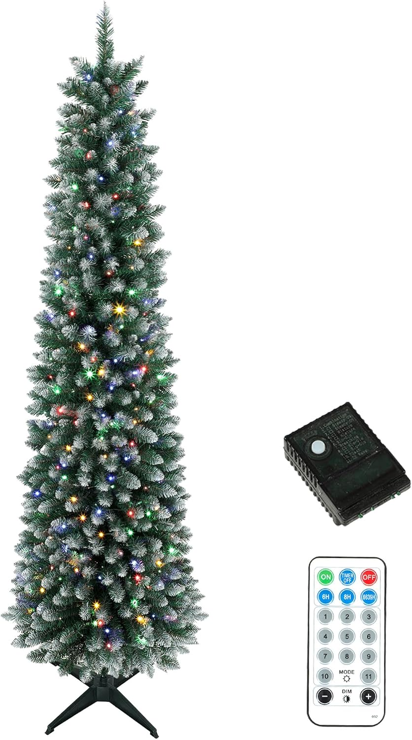 HOMCOM 8ft Pencil Prelit Christmas Tree, Dual Color, Flocked, Green White