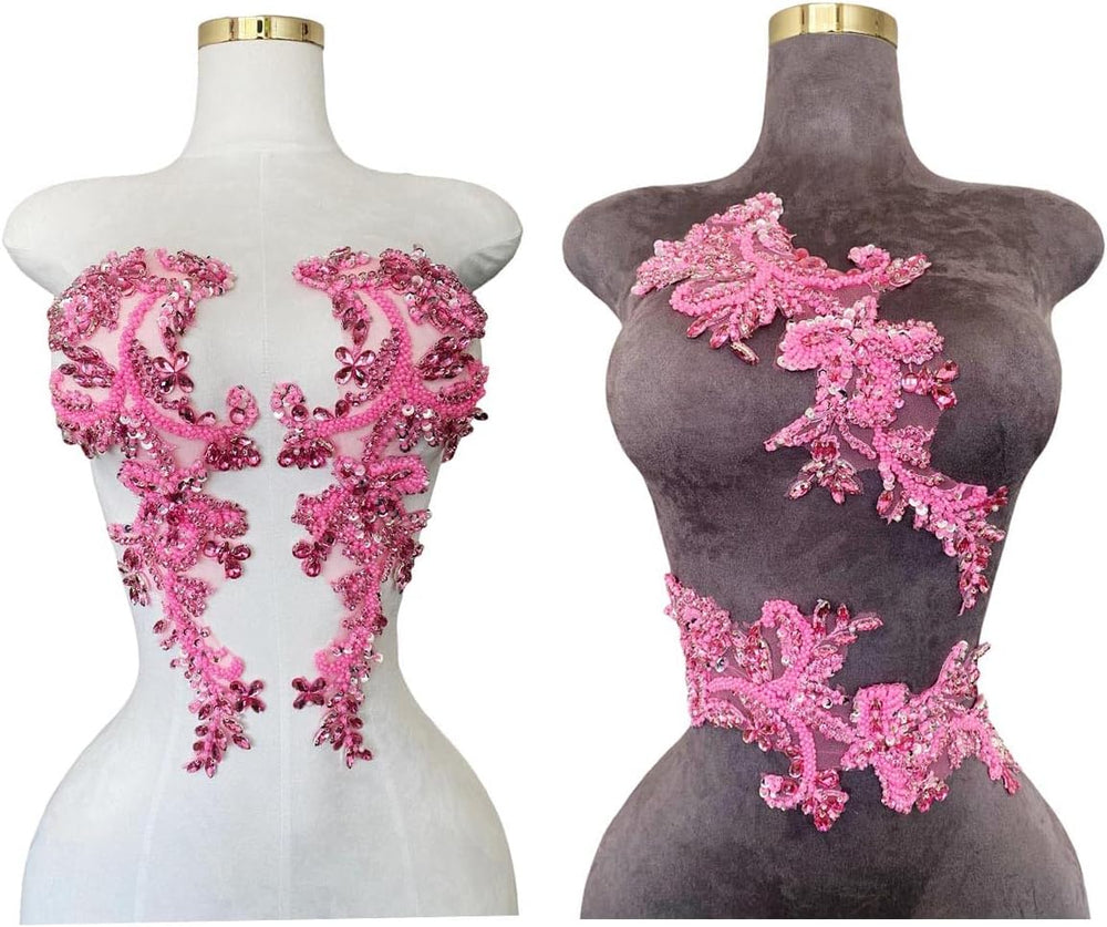 Handmade Rhinestones on Lace Applique Trim Sewing Beads Sequins Trim Patches ...