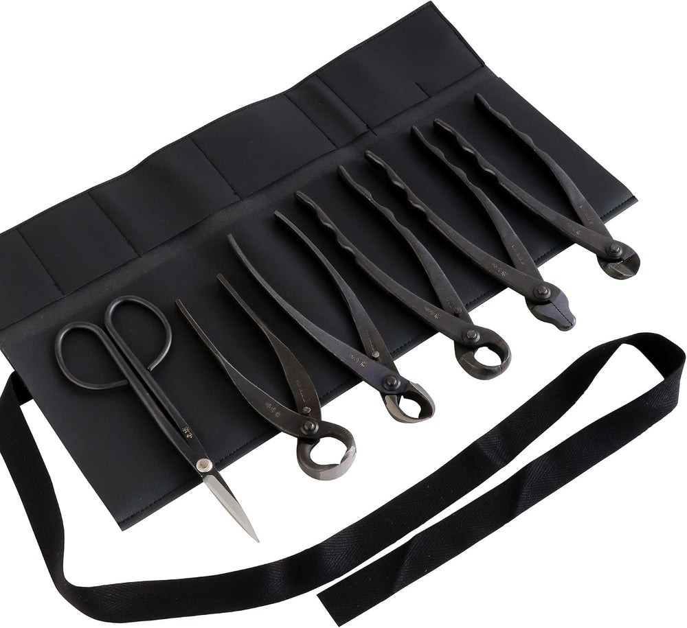 Wazakura 6PCS Bonsai Tool Kit with Roll Bag, Yasugi Steel Twig Scissors