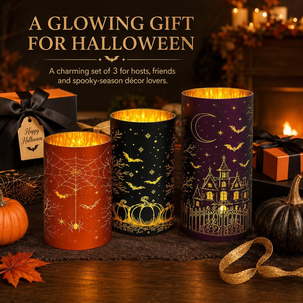 Wind Shear Halloween Glass Lanterns Set of 3, Lighted Decor