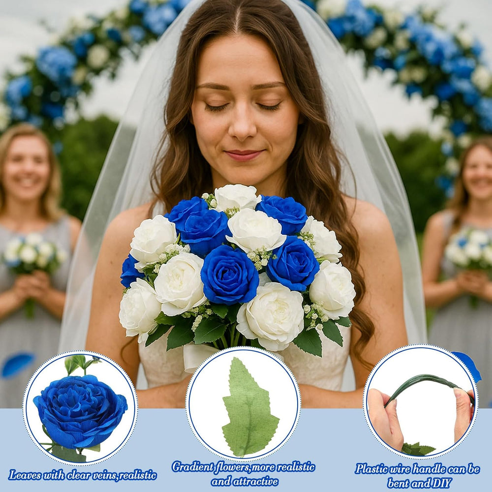 8 Bundles Artificial Peonies Flowers,Royal Blue, White