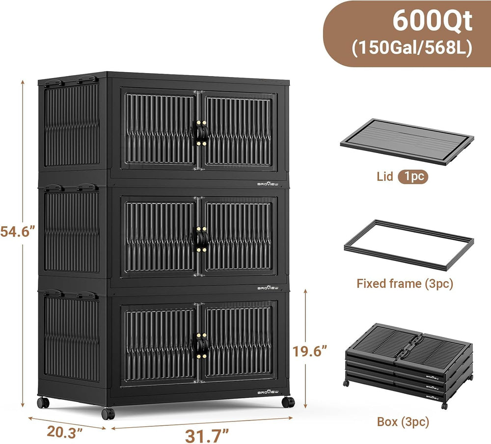 BROVIEW 600Qt Stackable Storage Bins with Lid for Home Dorm, 3Pack Black