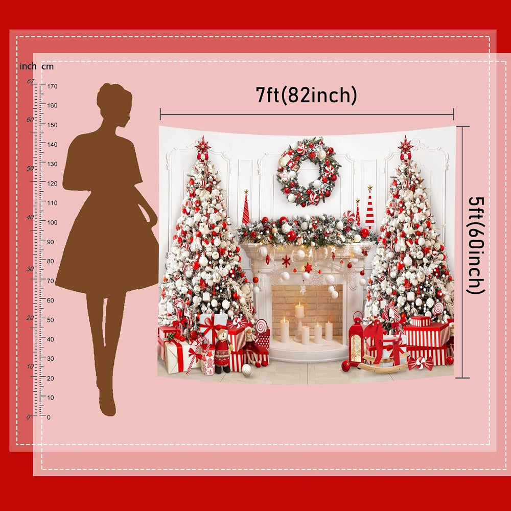 Mocsicka Christmas Fireplace Backdrop, White Red Tree, 10x7ft
