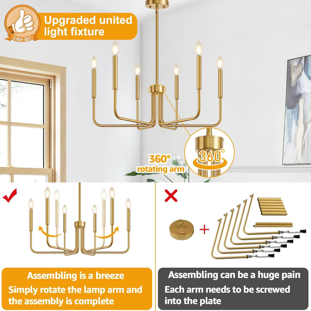 Brass Gold Chandelier, 6-Light Chandelier Light Fixture Farmhouse Chandeliers...