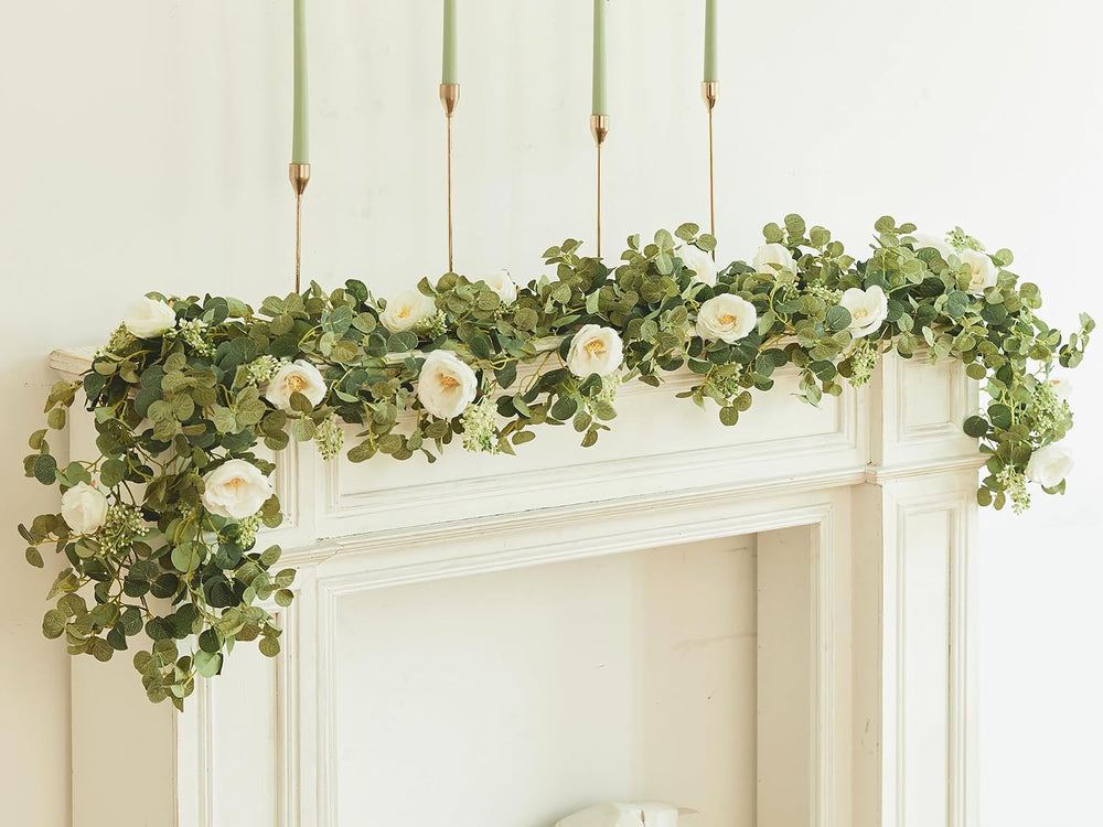 6.56ft Eucalyptus Garland with Flowers-8 White Roses, Artificial Fake Flowers...
