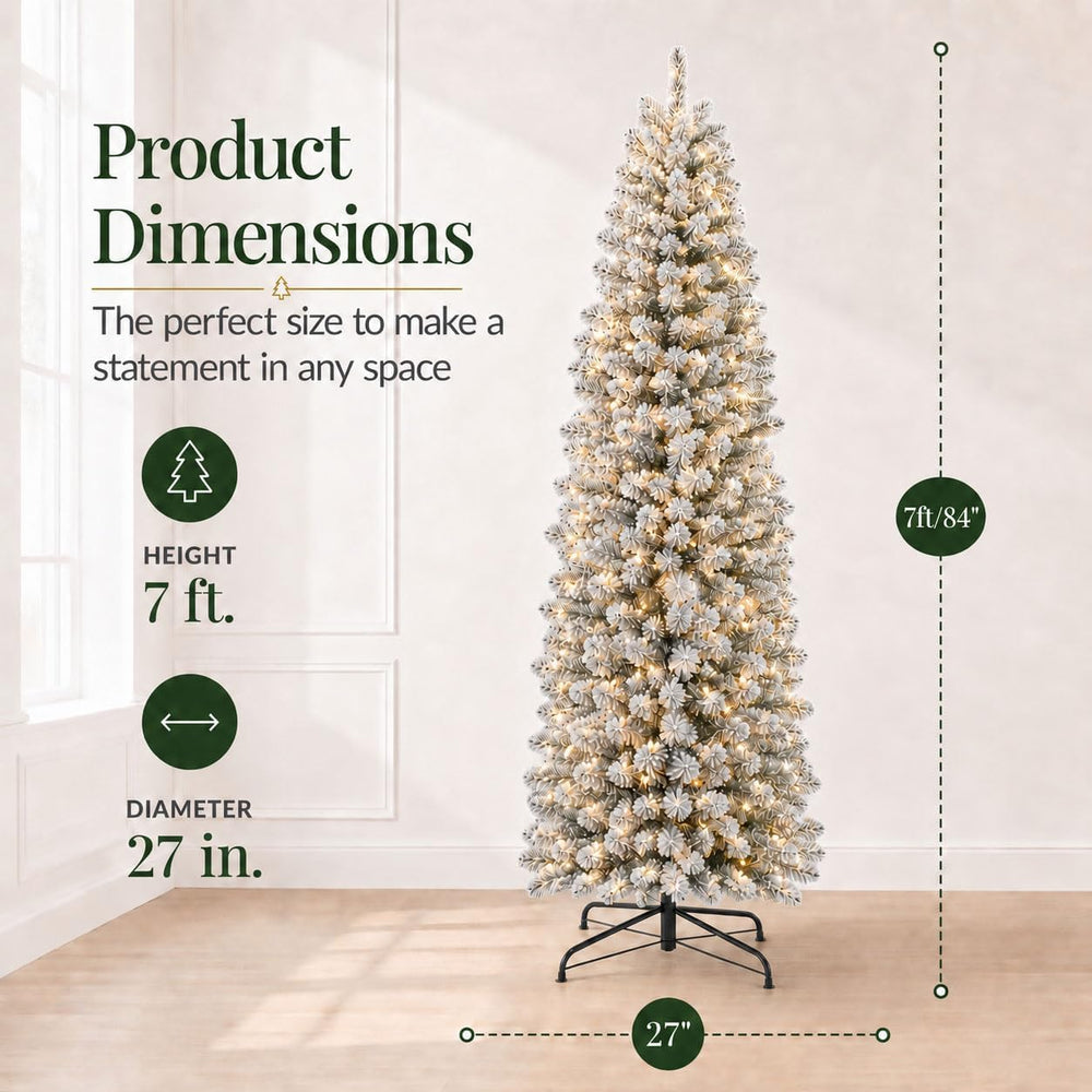 7ft Prelit Slim Pencil Flocked Artificial Christmas Tree-WarmWhite