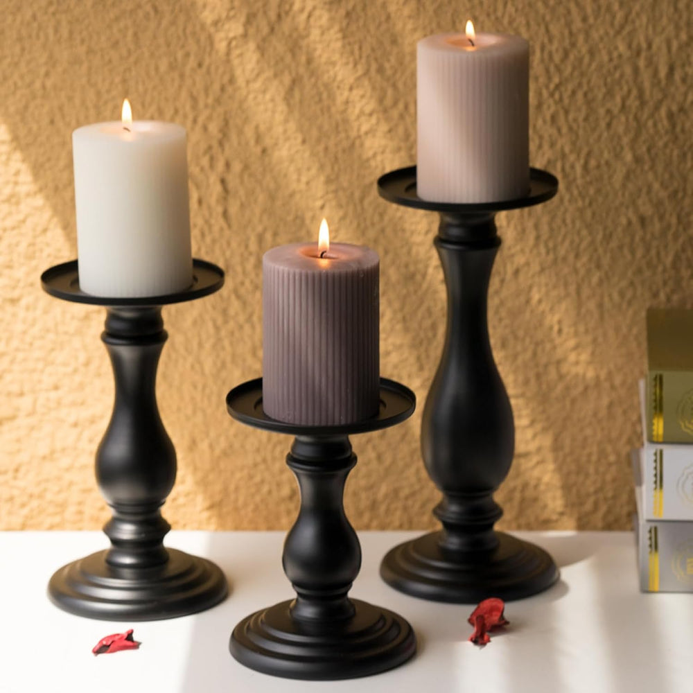 Matte Black Pillar Candle Holders Set of 3-10", 8", 6”H Candlestick...