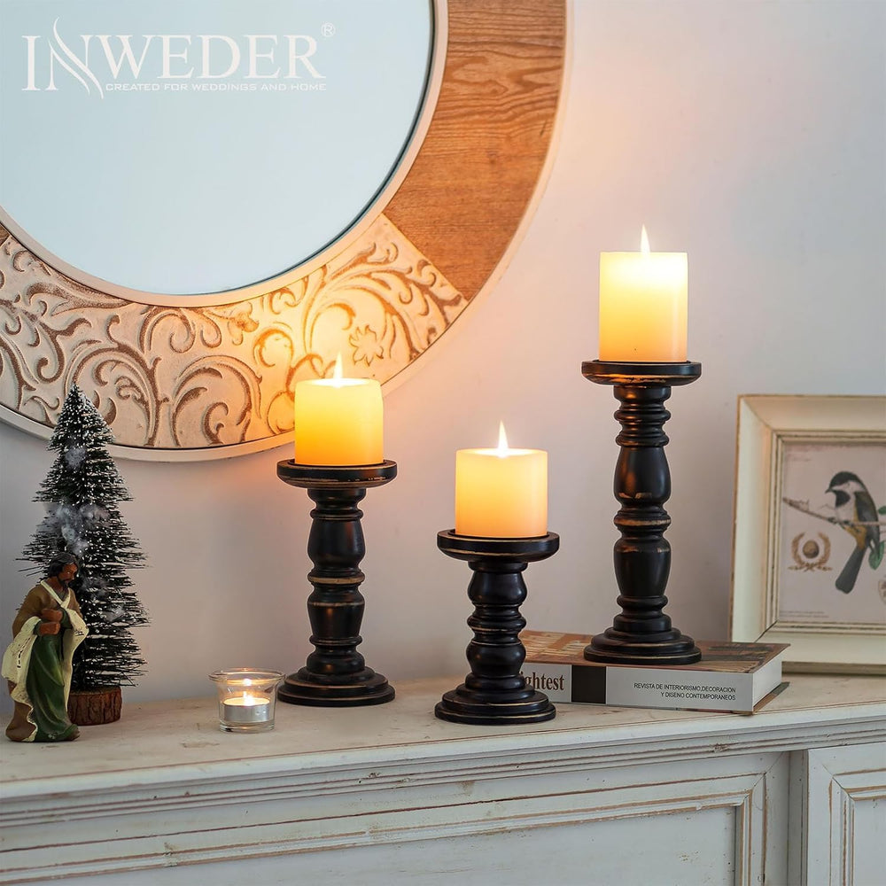 Wood Pillar Candle Holder: Rustic Distressed Black Candle Stand