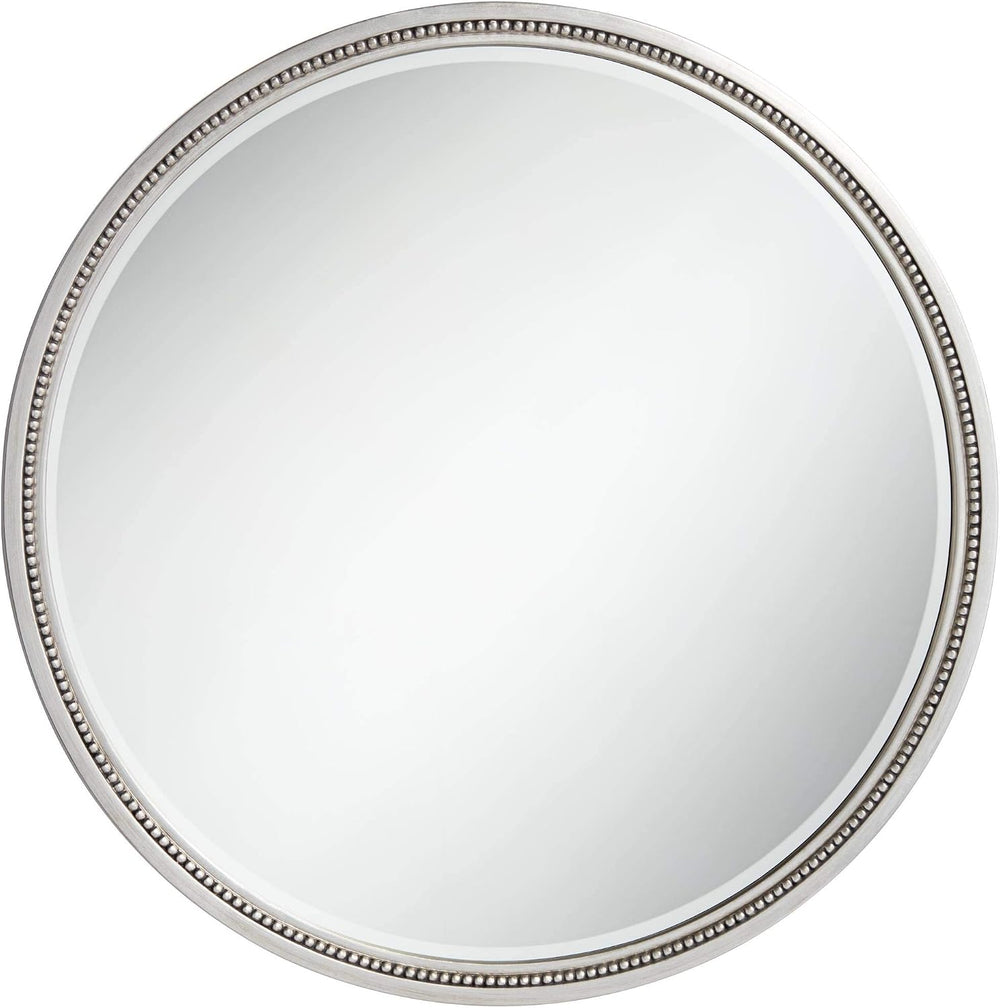 Lorraine Modern Round Vanity Decorative Wall Mirror Silver Beaded Trim Surrou...
